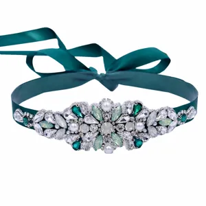 Dark green bridal rhinestone sash belt with crystal pearls for wedding dress party evening.