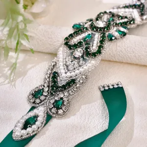 Bridal rhinestone belt emerald green wedding dress sash crystal pearl waist accessory