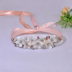 Rhinestone Inlaid Flower Wedding Belt For Women Crystal Ribbon Bow Bridal Dress Sash Elegant Fashion Accessories