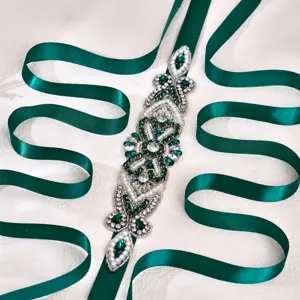 Emerald Crystal Bridal Dress Belt with Green Ribbon Rhinestone Wedding Waist Sash Accessory