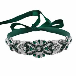 Emerald green rhinestone bridal belt with ribbon sash for wedding dress evening gown