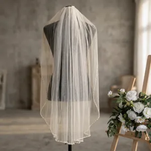 Voile de mariée perlé style coréen variante, élégant voile en tulle ivoire pour robe mariage.