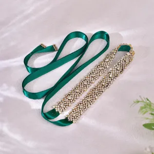 Elegant green satin rhinestone bridal sash belt for wedding dresses and evening gowns shiny crystal.