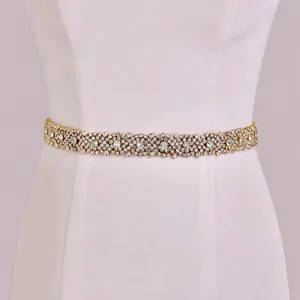 Gold rhinestone bridal belt for wedding dress, sparkling waist accessory main view.