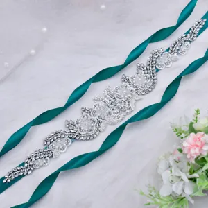 Bridal rhinestone belt with dark green ribbon, handmade crystal bead applique for wedding dress.
