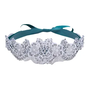 Bridal rhinestone pearl waist belt with green ribbon, elegant wedding dress accessory.