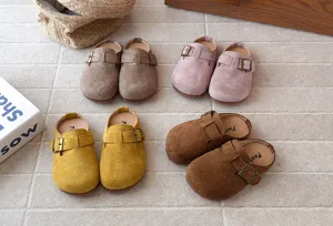 Retro suede clogs for girls, comfortable slip-on flat mules with metal buckle, summer footwear.