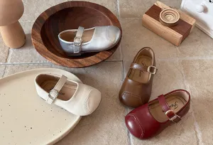 Detailed view of kids French style soft flat Mary Jane shoes in multiple elegant colors.