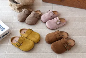 Kids retro suede clogs casual slip-on flat shoes with metal buckle comfortable children half slippers