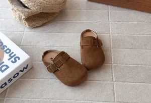 Kids retro brown suede clogs slip-on closed toe flat mules casual summer children sandals