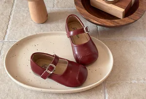 Girls burgundy Mary Jane flat shoes with soft sole, elegant shallow mouth princess footwear.