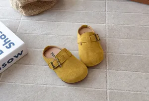 Kids retro suede mules sandals with buckle detail, comfy soft sole slip-on design.