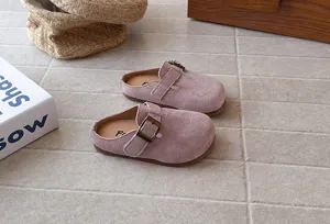 Kids pink suede clogs soft sole slide sandals casual retro footwear for girls summer wear