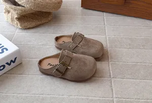 Kids retro suede slip-on clogs comfortable soft sole buckle flat sandals daily wear.