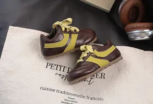 Children's retro casual sneakers, brown and yellow colorblock design, comfy low-top walking shoes for kids.