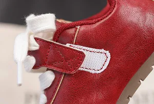 Red kids casual sneakers, PU leather retro sports shoes with velcro straps for boys and girls.
