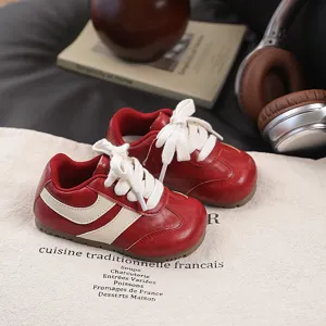 Kids retro casual sneakers, red and white contrast design, comfortable spring autumn shoes.