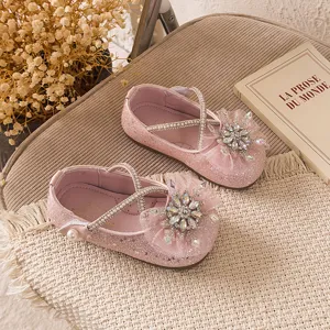 Leuke roze glimmende platte schoenen voor meisjes met strass sneeuwvlok strik.