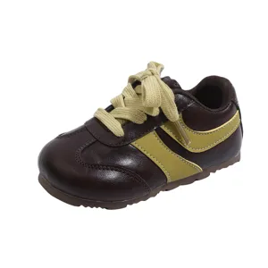 Kids retro casual sneakers, brown leather running shoes with classic style for daily wear.