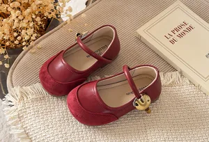 Classic red toddler mary jane shoes with soft soles and cute metallic strap buckle for girls.