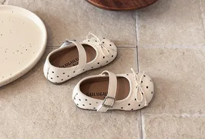 Kids French polka dot Mary Jane shoes, cute bow design, soft bottom flat shoes for girls.