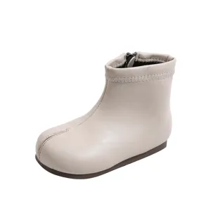 Botas cortas de cuero beis para niños zapatos de primavera con suela blanda y punta dividida