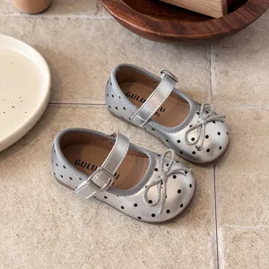 Cute Kids Silver Polka Dot Mary Jane Shoes Bow Girls Princess Flat Shoes Toddler