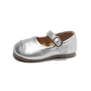 Silver girls Mary Jane flat shoes, cute soft-soled princess dress shoes for toddlers