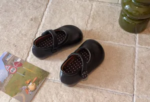 Schwarze Mary Jane Kinderschuhe aus Leder, elegante Retro Prinzessin Flachschuhe.