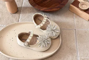 French style toddler pearl crystal princess shoes detail, soft sole cute kids dress footwear.