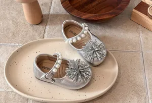 Girls silver pearl rhinestone leather shoes toddler soft bottom princess dress shoes