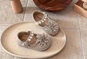 Toddler girls pearl rhinestone mary jane shoes soft sole flat dress shoes for kids party time