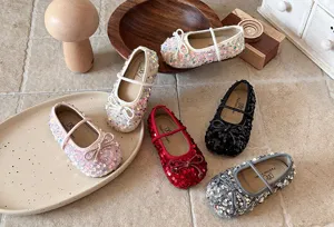 Jolies chaussures princesse à paillettes et nœud pour petites filles, semelle souple.