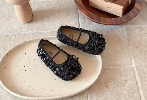 Chaussures plates Mary Jane à paillettes noires pour filles, nœud mignon, semelle souple, détail