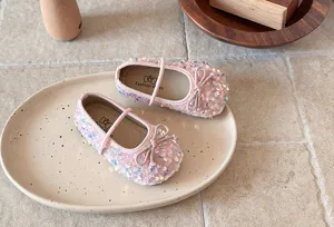 Chaussures plates roses à sequins pour bébés filles, nœud brillant, souliers de princesse.