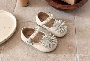 Toddler girls pearl dress shoes cute rhinestone bow Mary Jane flats spring baby footwear