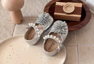 Silver girls princess shoes with pearls and rhinestones, elegant children dress footwear for spring.