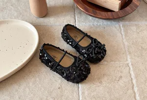 Chaussures Mary Jane noires à sequins pour petite fille, jolies chaussures plates de princesse.