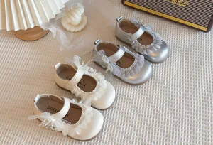 Scarpe principessa vintage in pelle per bambine con pizzo perla suola morbida primavera
