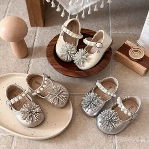Girls Princess Single Shoes French Style Pearl Rhinestone Toddler Soft Sole Kids Mary Jane Leather Shoes