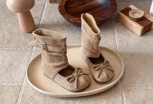 Girls suede mid-calf boots with bow cutout design, French Maillard style kids spring shoes.