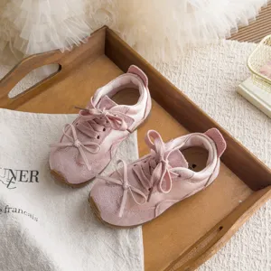 Baskets rétro roses pour enfants, chaussures décontractées en suède mignon avec nœud pour l'automne.