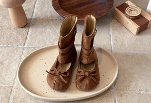 Brown suede kids mid-calf split toe boots with bow, fashionable toddler footwear style.