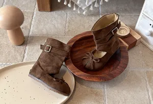 Girls brown cutout boots, French retro suede mid-calf boots with sweet bow and buckle details.