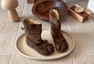 French style girls brown bow split-toe mid-calf boots, chic retro autumn toddler shoes.