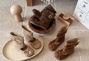 Girls suede mid-calf boots French bow cutout vintage style comfortable autumn footwear