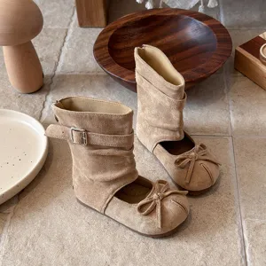 Girls cutout mid-calf boots with bowknot, stylish suede children shoes for spring autumn.