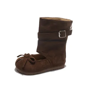 Girls brown suede cutout mid-calf boots with cute bowknot and metal buckle strap design.