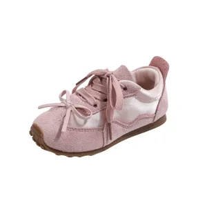 Baskets rétro roses pour enfants avec joli nœud, chaussures décontractées souples et confortables.