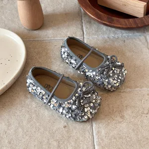 Chaussures Mary Jane à paillettes pour petite fille mignon nœud semelle souple printemps